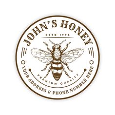 the logo for john's honey, with a bee on it and brown lettering