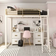 a loft bed with a desk and chair underneath it in a girls's bedroom