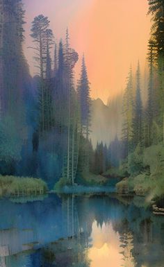 an oil painting of trees and water at sunset