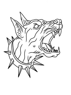 a black and white drawing of a snarling dog with spikes on it's head