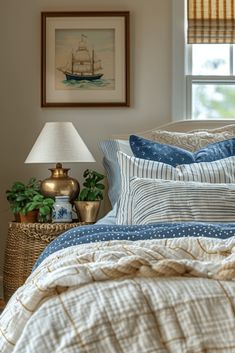 a bed with blue and white comforter next to a lamp on a table in front of a window