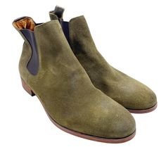 Stylish olive suede Chelsea boots by Shoe The Bear, designed for men. Comfortable fit with elastic side panels and durable leather sole.  • Suede upper material  • Elastic side panels  • Leather sole  • Made in Portugal  • Pull tab at heel  Light scuffs on suede surface. Sharpie marks on inside. Ripped ankle strap.  Size 44  Condition: Pre-Owned Good Bear Man, Green Olive, The Bear, Pull Tab, Mens Casual Shoes