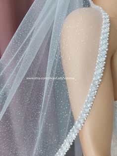 the back of a wedding veil with beaded trims and pearls on it's side