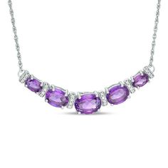 Brighten her refined look with this eye-catching five-gemstone and diamond necklace. Crafted in sterling silver, this blissful design features graduating oval-shaped bright purple amethyst stations - the largest 9.0 x 7.0mm in size - alternating with dainty diamond discs. Appealing with 1/10 ct. t.w. of diamonds and a brilliant buffed luster, this 18.0-inch rope chain necklace secures with a spring-ring clasp. Zales Zales, Rope Chain Necklace, Bright Purple, Purple Stones, Amethyst Necklace, Gothic Jewelry, Amethyst Stone, Sparkle Diamonds, Rope Chain