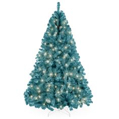 a blue christmas tree with white lights on it