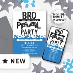 This video game themed "Bro" pool party birthday invitation is perfect for inviting guests to your upcoming pool party for your son's birthday party.   Its cool graphics and modern colors will get your child's guests excited to have some fun at your upcoming gamer themed pool party, summer party, end of school party, backyard pool party, Splash Bash party, dark pool party, swimming party, or water slide party.  Your child and his guests are going to think it's really clever and cool. This is an Teenage Pool Party, Bro Birthday, Backyard Pool Party, Backyard Pool Parties, Text Games, Son's Birthday, Party Backyard, Pool Party Birthday Invitations, Swimming Party