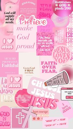 a collage of pink and white images with the words jesus is born on them