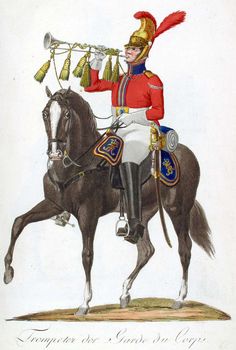 a drawing of a man on a horse with a trumpet in his hand and wearing a red uniform