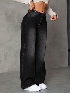 ♡ Black Straight Leg Jeans Outfit, Black Denim Jeans Outfit, Fancy Pants Outfit, Dope Fashion Outfits, Black Wide Leg Jeans, Neat Casual Outfits, Black Denim Pants, Straight Denim Jeans, Jeans Outfit Women