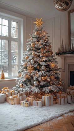 a white christmas tree with presents under it