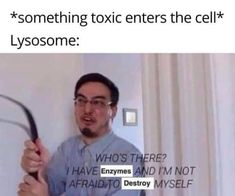 a man holding a tennis racquet in front of his face with the caption that reads, something toxic enters the cell lysome? who's there?