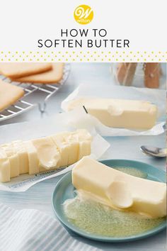 how to soften butter on a blue plate with spoons and cookies in the background