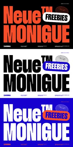 three different types of posters with the words neue tm monique