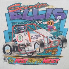 a white t - shirt with an image of a racing car on it