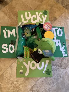 a st patrick's day gift basket with lucky i'm so make you