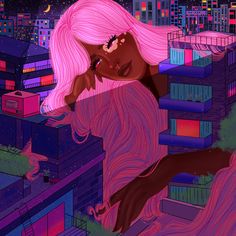 an illustration of a woman with long pink hair in front of a cityscape