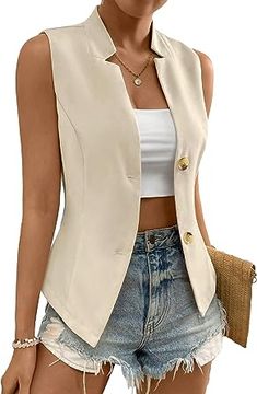 -97% Polyester,3% Elastane -Imported -Button closure -Machine Wash -Sleeveless v neck summer vest blazer -Fabric: Fabric has no stretch, soft and comfortable to wear Como Fazer Short, Cardigan Vest Sleeveless, Sleeveless Vest Jacket, Womens Waistcoat, Waistcoat Woman, Shein Brasil, Sleeveless Suit, White Dress Party, Prom Outfits