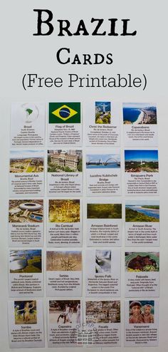 a poster with the words brazil cards free printable on it and pictures of different countries