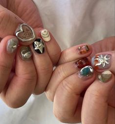 Chunky Short Nails, Mitski Nails Ideas, Short Maximalist Nails, Mens Nails, Hippie Nails, Punk Nails, Nails Only