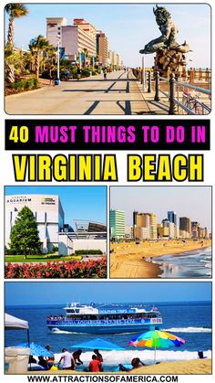 Collage of famous Virginia Beach attractions with text reading 40 must things to do in Virginia Beach. Virginia Beach Virginia, Beach Place, Cool Things To Do, Travel Bucket List Usa