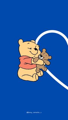 winnie the pooh holding a teddy bear in front of a heart