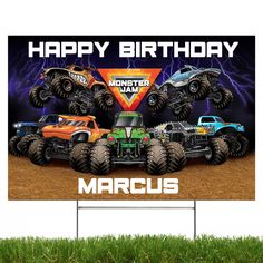 a monster truck birthday banner with four trucks