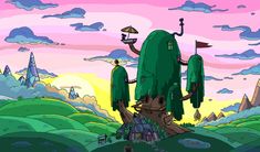 a green tree in the middle of a cartoon land with mountains and clouds behind it