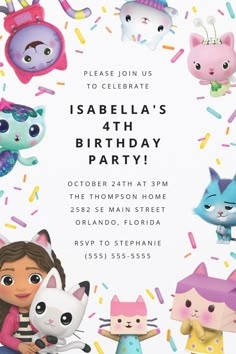 a birthday party with cats, kittens and other animals on the front of it