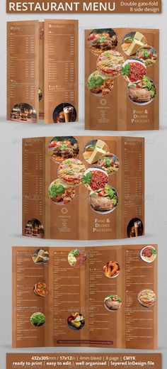 a restaurant menu is shown in three different sections, including the front and back pages