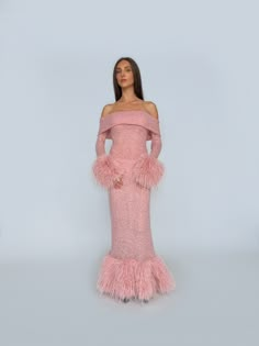 Made to order. Ships in 1 to 3 weeks   Off-shoulder and elegantly long, this flattering dress features long sleeves, cuffs, and dress bottom adorned with matching lovely pink faux fur. A fitted and lined dress, its fabric composition of 90% mohair and 10% wool ensures a soft and comfortable feel with a touch of stretch Pink Fur Dress, Lirika Matoshi, Freakum Dress, Work Illustration, Fur Dress, Pink Fur, Pink Faux Fur, Flattering Dress, Gala Dresses