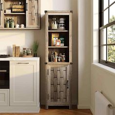 a kitchen with white cabinets and wooden shelves next to a window in the wall,