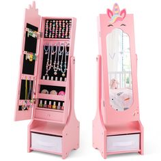 a pink wooden jewelry cabinet with mirror and drawers