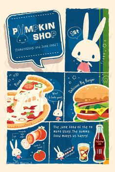 an image of a comic book page with cartoon animals and food items in the background