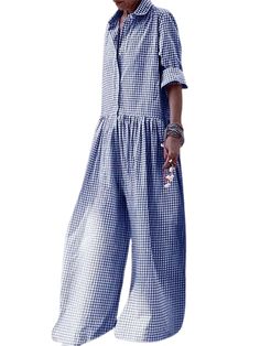 PRICES MAY VARY. Material: This women long sleeve plaid print jumpsuit is made of polyester, soft, comfy, skin-friendly, breathable, lightweight and stretch. Great for Spring and Fall. Features: One piece outfit features turn-down collar, v neck, long sleeve, button-down closure, classic plaid print, casual style, loose waist, shapeless silhouette, extra long wide leg pant. Match: You can pair it with heels, sneakers, slippers, loafers and sandals for a fashionable and casual look. Occasion: Thi Trendy Jumpsuits And Rompers With Buttons, Cheap Navy Sets For Spring, Loose Waist Dress Hack, Matching Long Sleeve And Pants, Clothing Jumpsuits & Rompers, Womens Loose Overalls, Plus Size Cruise Capsule Wardrobe, Fall Jumpsuits & Rompers, Pant Overalls