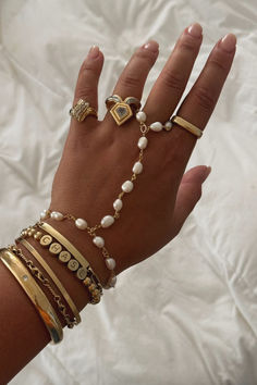 Vintage gold jewelry, vintage wedding band, vintage rings, vintage diamond ring, gold ring, statement bangel bracelet, beaded bracelet, freshwater pearl hand chain, Arm Stack Jewelry, Instagram Rebrand, Hand Stack, Jewelry Goals, Vintage Gold Jewelry, Study Vlog, Hand Jewellery, Hand Chain Jewelry, Hand Chain Bracelet