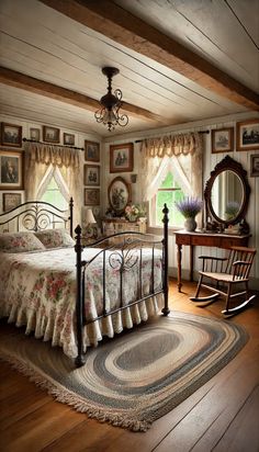 a bed room with a neatly made bed and wooden floors