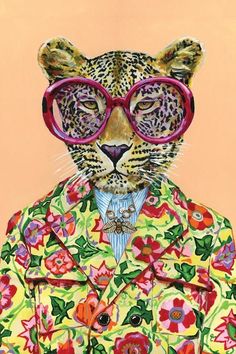 a painting of a leopard wearing glasses and a colorful jacket with flowers on it's chest