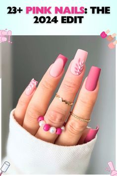 Long, coffin-shaped aesthetic pink nails with a matte finish and a single leaf design in a glossy varnish, fit for bold fashion statements, made with acrylic. Single Leaf, Fashion Statements, Leaf Design, Nail Designs