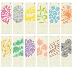 a calendar with flowers and leaves on the front, in different colors for each month