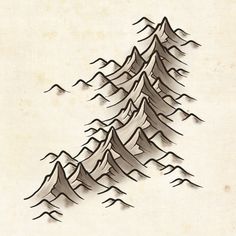 a drawing of mountains with snow on the top and one mountain in the middle that has trees growing out of it