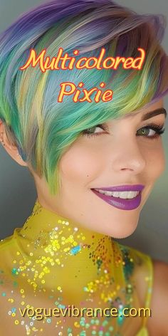 This is a color-melt rainbow pixie. One of the best aspects of this look is how natural these unconventional colors appear, as if she was born with them. The way she parts her hair reveals different hues, giving her a new style each time. This vibrant color choice suits anyone with a creative and playful personality. Short Hairstyles For Short Hair, Short Haircut Inspiration, Fashionable Haircuts, Natural Looking Highlights, Color Melt, Cute Haircuts, Haircut Inspiration