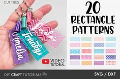 a hand holding some colorful tags with the words, 20 rectangle patterns