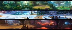 four different views of the same area in an animated environment, each with trees and rocks