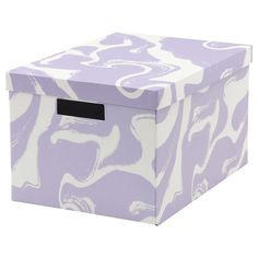 a purple and white storage box with an abstract design on the lid, sitting in front of a white background