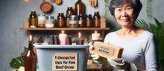 an older woman holding up a box with candles on it in front of a shelf full of bottles