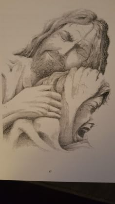 a pencil drawing of two people with their faces close together, one holding the other's head