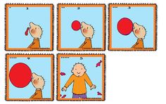 four postage stamps depicting cartoon characters playing with red balls in the air, each featuring a man's face