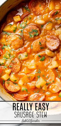 a pot of soup with text overlay that reads really easy sausage stew Kilbasa Sausage Recipes, Sausage Crockpot Recipes, Polish Sausage Recipes, Andouille Sausage Recipes, Sausage Crockpot, Sausage Recipes For Dinner, Sausage Soup Recipes, Sausage Stew, Smoked Sausage Recipes