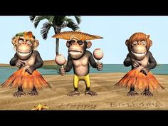 three cartoon monkeys are standing on the beach