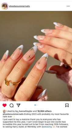 Gold Star Nails French Tip, Almond Nails Gold Stars, Artistic French Nails, Nail Designs With White Tips, Gold And Silver Star Nails, New Year’s Eve Nails Coffin, Star Designs On Nails, Gold Star Nails Square, French Tip With Rhinestones Almond